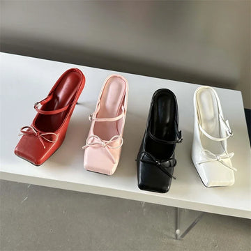 Xajzpa Bowknot Square Toe Women Slippers Pumps Sexy Buckle Strap Thin Heels Banquet Prom Mule Shoes